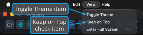 The View menu open from the menu bar, with callouts on Toggle Theme and on the Keep on Top check item.