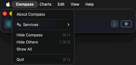 The Compass application menu open in the macOS menu bar, showing About Compass and Quit.