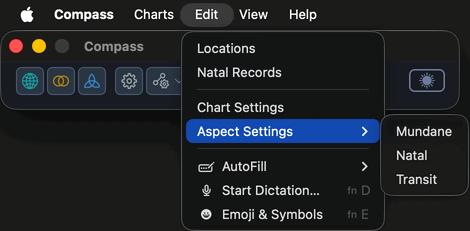 The Edit menu open on the macOS menu bar with the Aspect Settings submenu expanded to show Mundane, Natal, and Transit.