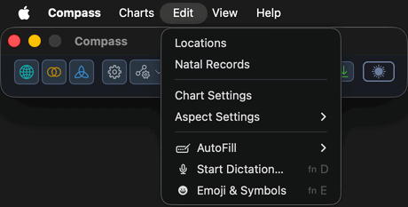 The Edit menu open in the macOS menu bar, showing its editor and settings items.