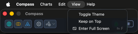 The View menu open in the macOS menu bar, showing Toggle Theme and Keep on Top.