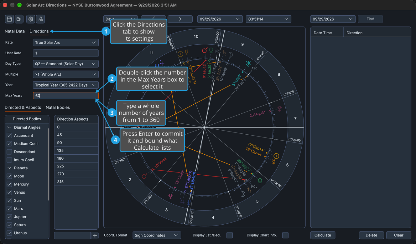 The Directions tab of a Solar Arc Directions chart with a new number of years typed in the Max Years box, ready to commit with Enter.