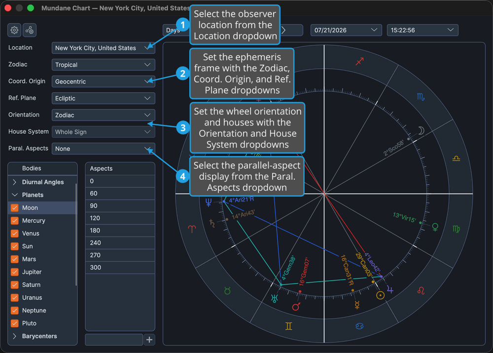 The settings panel down the left side of a Mundane chart window.