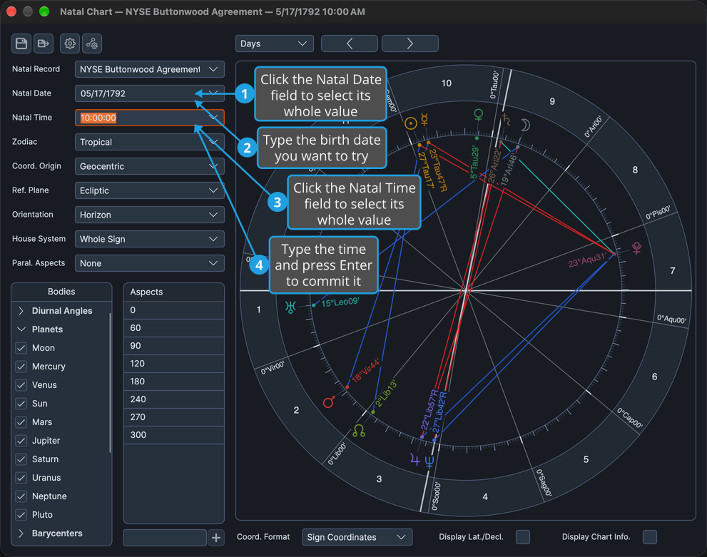 The Natal chart window has its Natal Time value selected beneath the Natal Date field, ready to type a trial birth time.