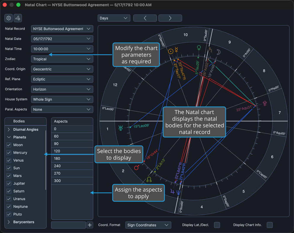 Natal chart window with its settings column alongside the drawn wheel.