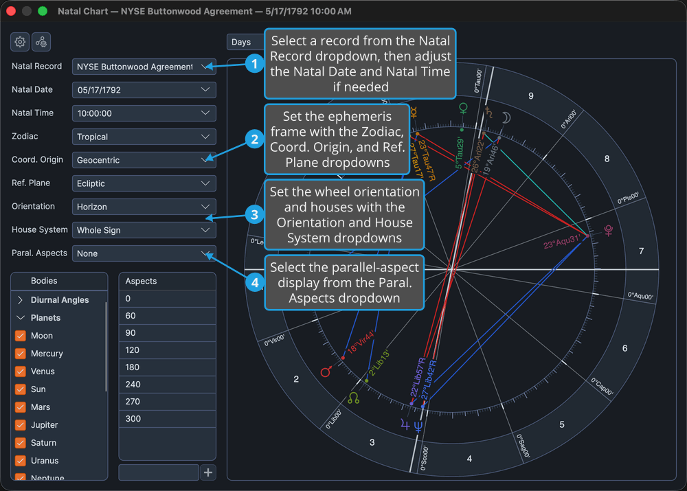 The settings panel down the left side of a Natal chart window.