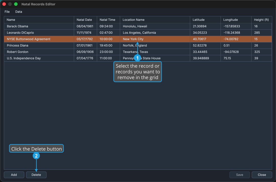 The Natal Records Editor with one or more rows selected in the grid (select the third row from the top).