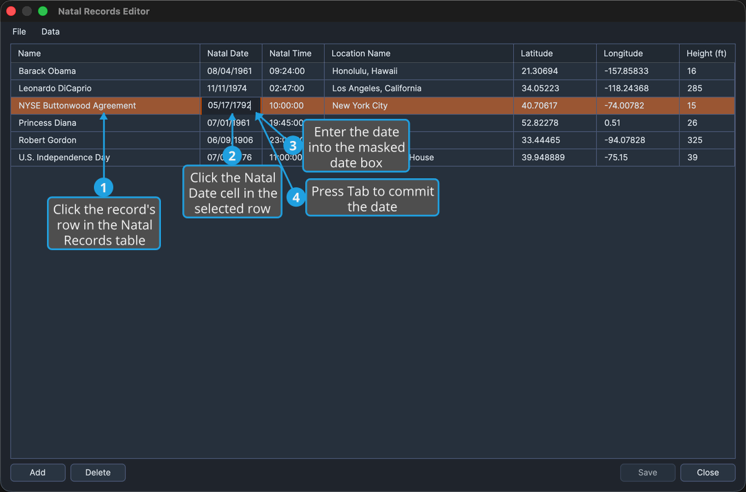 The Natal Records Editor with a date cell of the third row in edit mode.