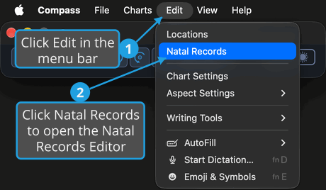 The Edit menu open from the menu bar above the Compass main window, with numbered callouts on Edit and on Natal Records.