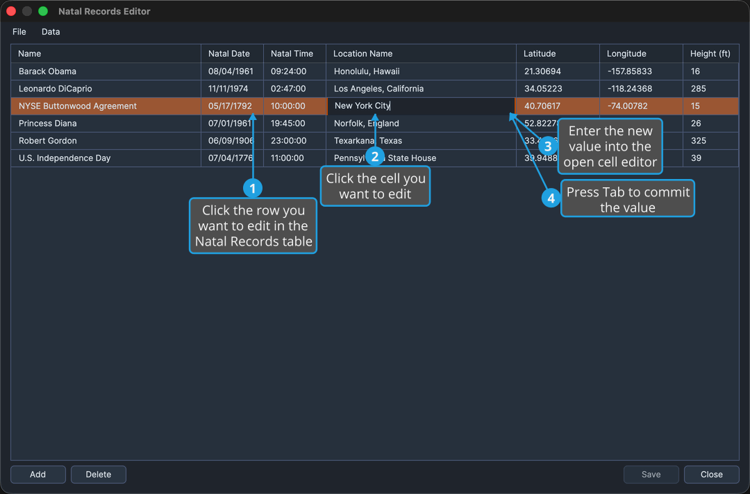 The Natal Records Editor with a text cell of the third row in edit mode.