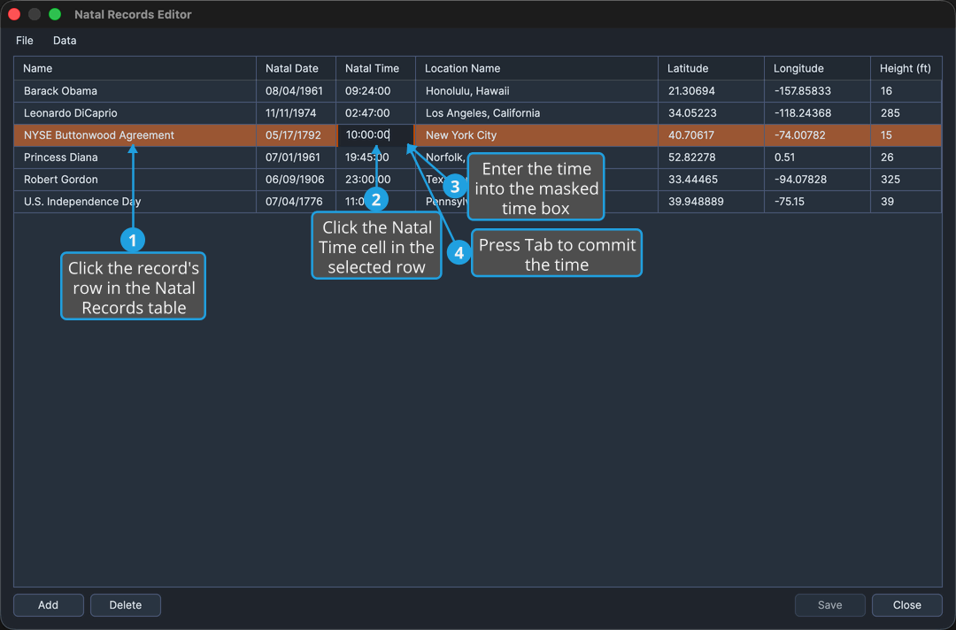 The Natal Records Editor with a time cell of the third row in edit mode.