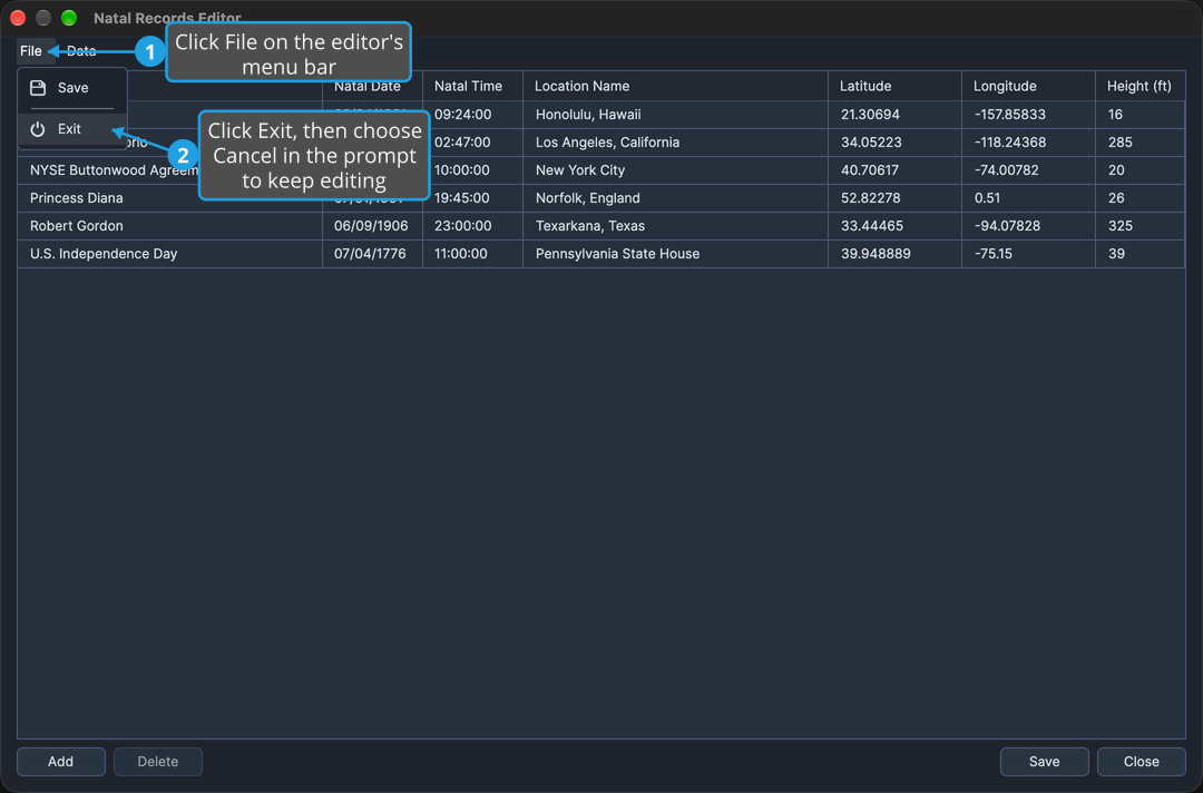 The Natal Records Editor holding unsaved changes, its File menu open, with numbered callouts on File and on Exit, where you then choose Cancel to keep the editor open.