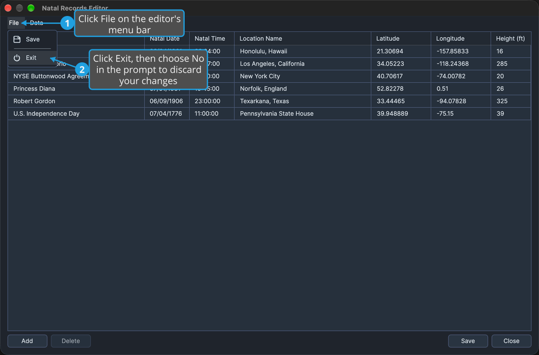 The Natal Records Editor holding unsaved changes, its File menu open, with numbered callouts on File and on Exit, where you then choose No to discard the changes.
