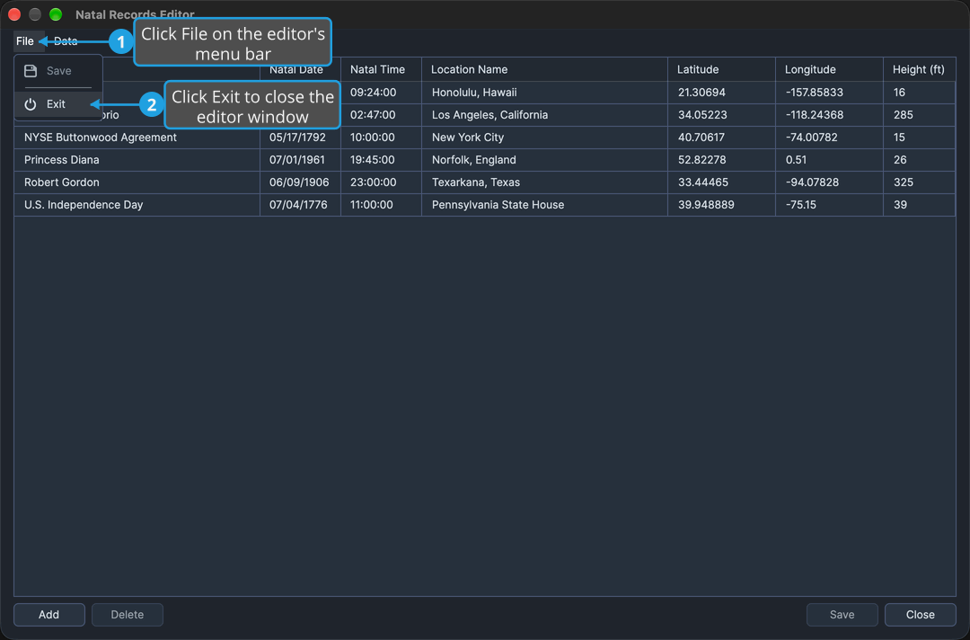 The Natal Records Editor with no unsaved changes and its File menu open, with numbered callouts on File and on Exit.