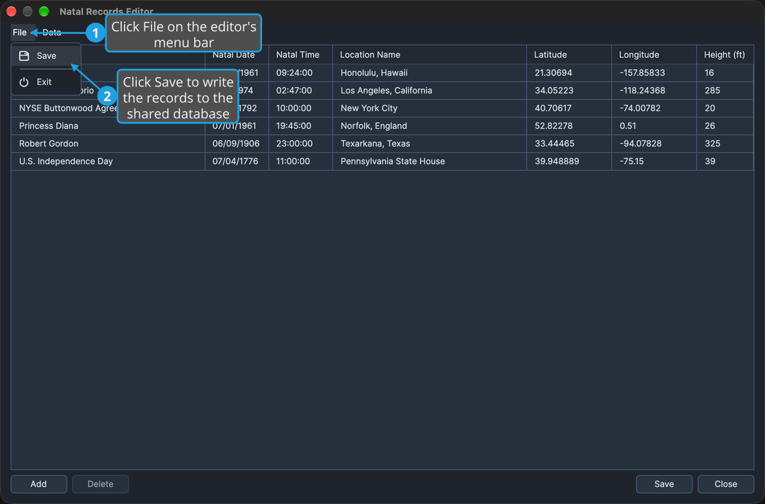 The Natal Records Editor's File menu open with Save highlighted, with numbered callouts on File and on Save.