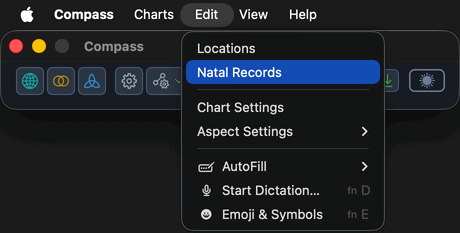 The Edit menu open in the macOS menu bar, showing the Natal Records item.