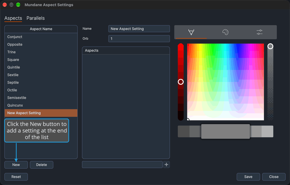 The Mundane Aspect Settings window after New was clicked, with New Aspect Setting selected at the end of the list and shown in the editor with no angles.