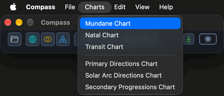 The Charts menu open in the macOS menu bar above the Compass main window, with Mundane Chart highlighted among the six chart commands.