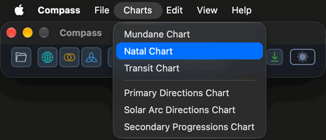 The Charts menu open in the macOS menu bar above the Compass main window, with Natal Chart highlighted among the six chart commands.