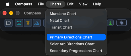 The Charts menu open in the macOS menu bar above the Compass main window, with Primary Directions Chart highlighted among the six chart commands.