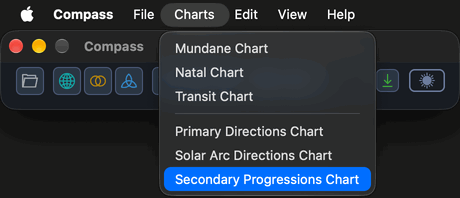 The Charts menu open in the macOS menu bar above the Compass main window, with Secondary Progressions Chart highlighted among the six chart commands.
