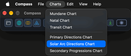 The Charts menu open in the macOS menu bar above the Compass main window, with Solar Arc Directions Chart highlighted among the six chart commands.
