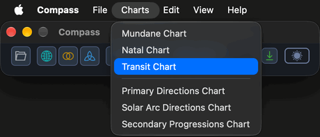 The Charts menu open in the macOS menu bar above the Compass main window, with Transit Chart highlighted among the six chart commands.