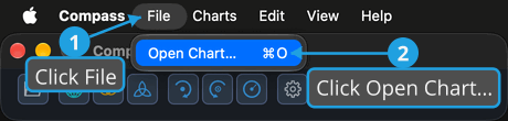The File menu open in the macOS menu bar above the Compass main window, with Open Chart… highlighted.