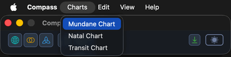 The Charts menu open in the macOS menu bar with Mundane Chart highlighted.
