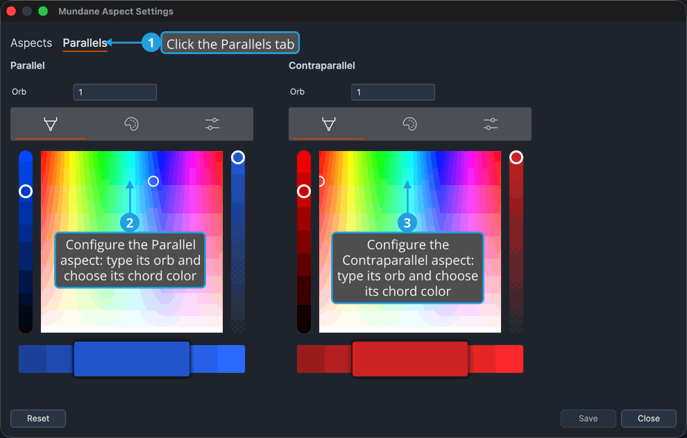 The Parallels tab of the Aspect Settings window, showing the Parallel and Contraparallel controls side by side.