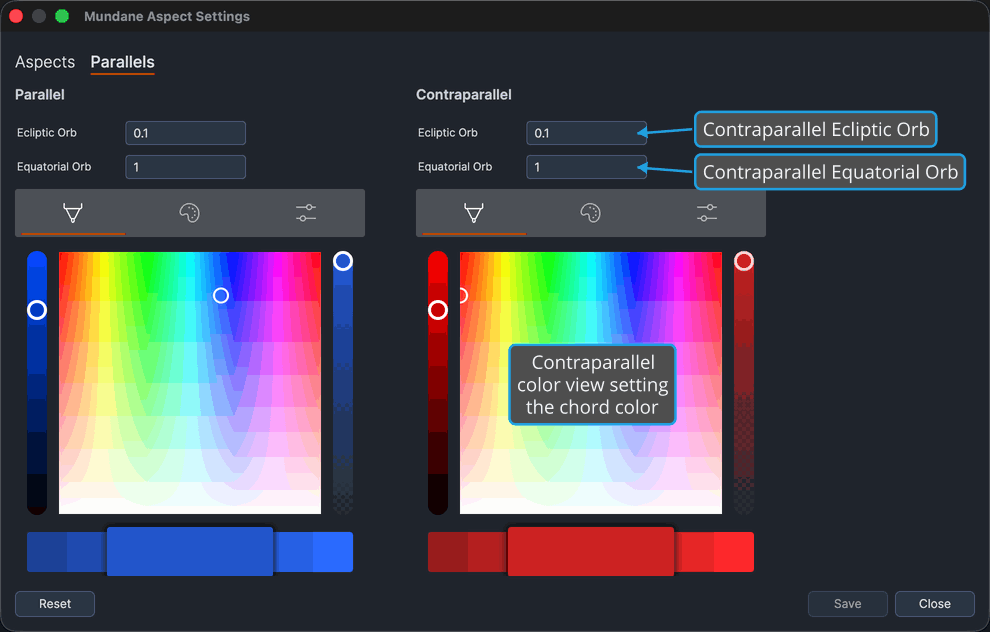 Aspect Settings window on its Parallels tab, showing the Contraparallel column's settings.