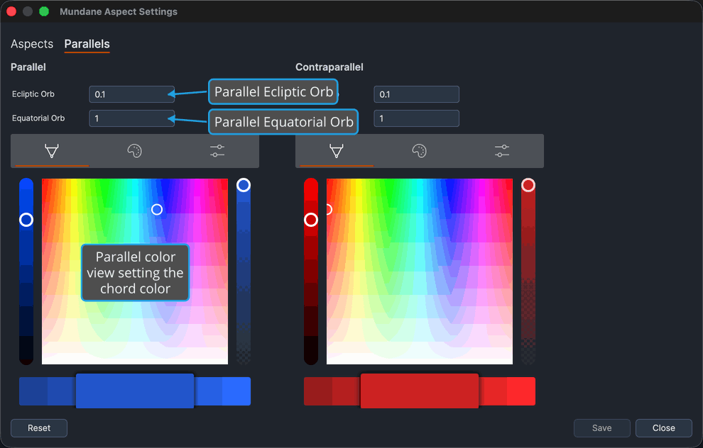 Aspect Settings window on its Parallels tab, showing the Parallel column's settings.