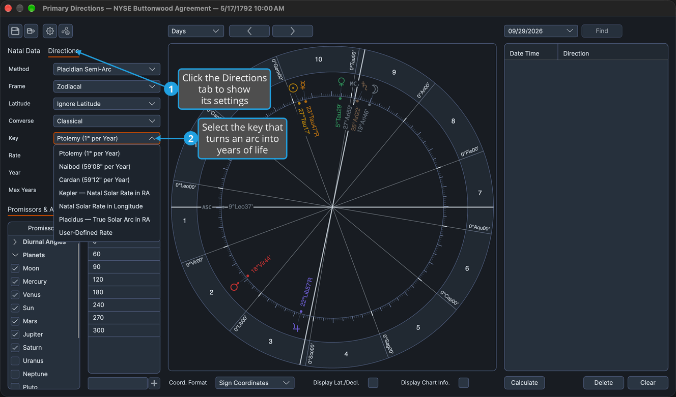 The Directions tab of a Primary Directions chart with the Key drop-down open, listing the seven time keys from Ptolemy to User-Defined Rate.