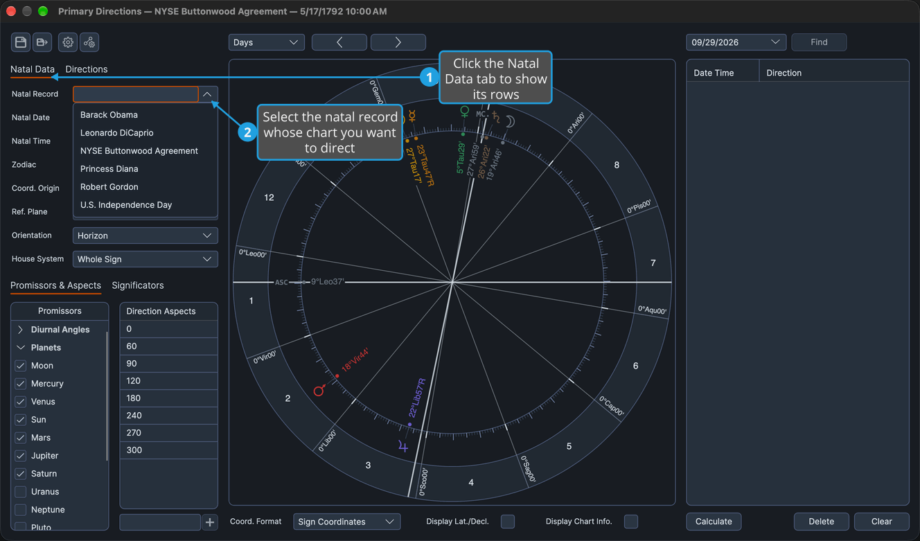 The Natal Data tab of a Primary Directions chart with the Natal Record drop-down open, listing the stored natal records.