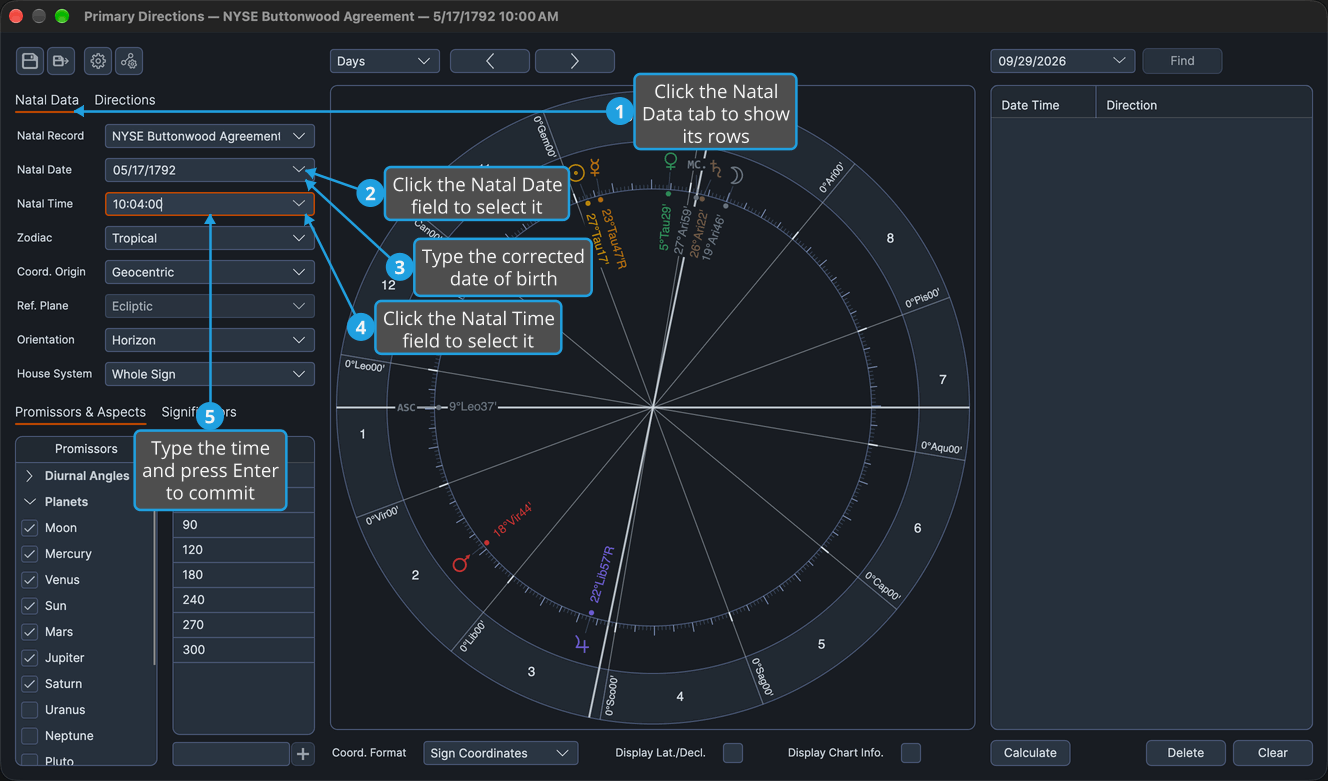 The Natal Data tab of a Primary Directions chart with a corrected birth time typed in the Natal Time field, ready to commit with Enter.