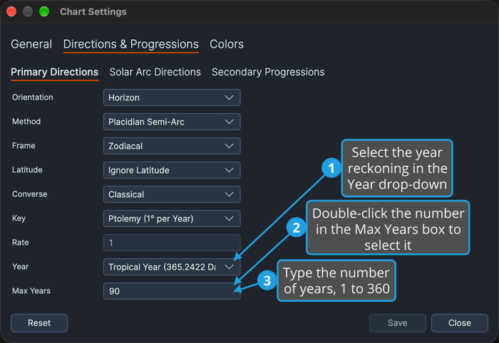 The Primary Directions sub-tab of the Chart Settings window showing its shipped defaults, with numbered callouts on the Year row and the Max Years box.