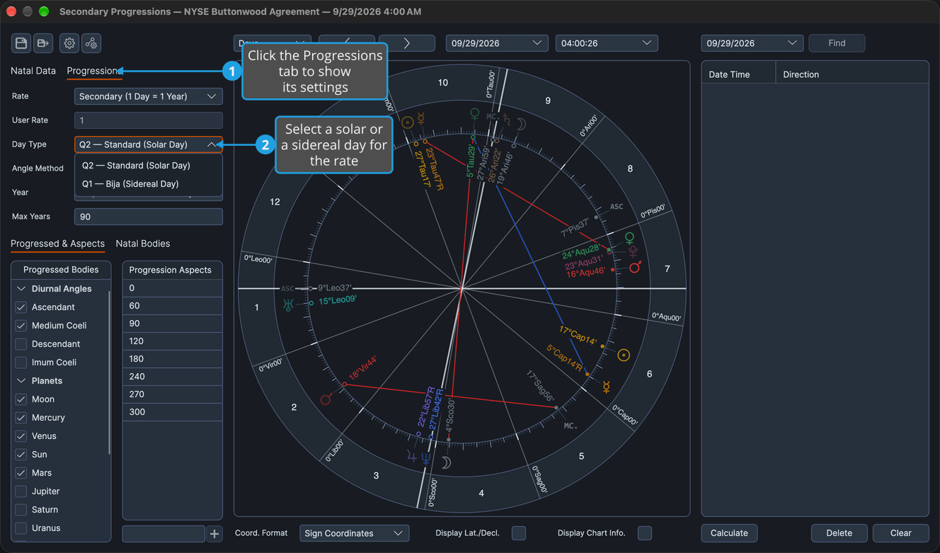 The Progressions tab of a Secondary Progressions chart under the Secondary rate, with the Day Type drop-down open on its solar and sidereal day types.