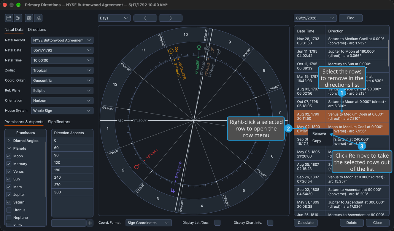 A Primary Directions chart with two rows selected in the directions list and the row menu open on them, ready to remove the rows.