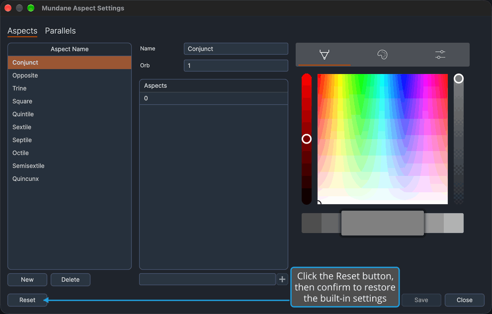 The Mundane Aspect Settings window with a callout on the Reset button at its bottom left, which restores the built-in settings once you confirm.