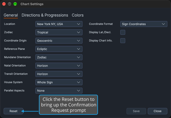 The Chart Settings window with a callout on the Reset button at its bottom left, which restores every color and default once you confirm.