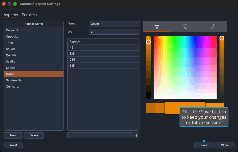 The Mundane Aspect Settings window holding an unsaved edit, with a callout on the enabled Save button at its bottom right.