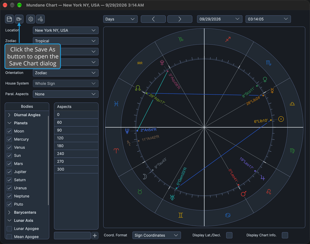 A Mundane chart window with its Save As button marked as the way into the Save Chart dialog.