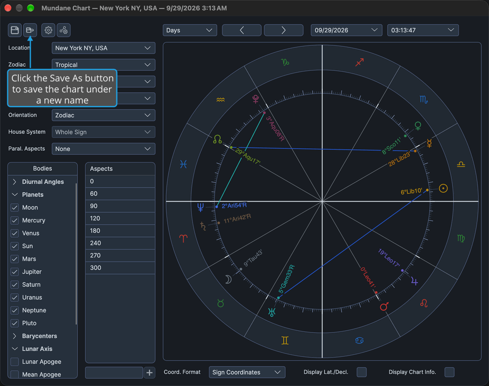 A Mundane chart window with the Save As button, second on its toolbar, marked for saving the chart under a new name.