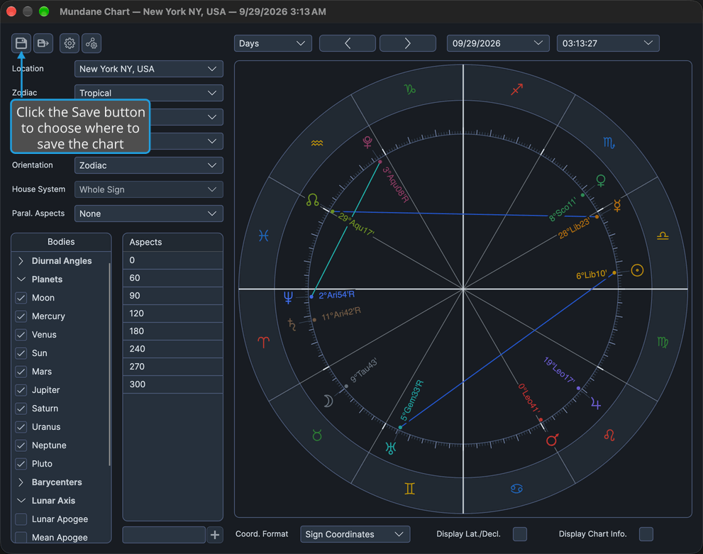 A new Mundane chart window that has never been saved, with the Save button marked at the left of its toolbar.