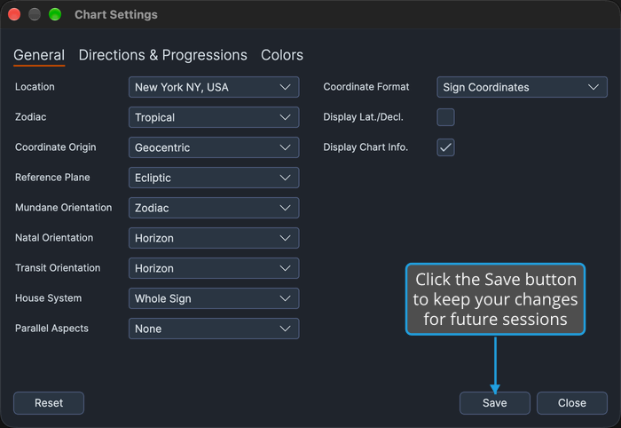 The Chart Settings window holding an unsaved edit, with a callout on the enabled Save button at its bottom right.