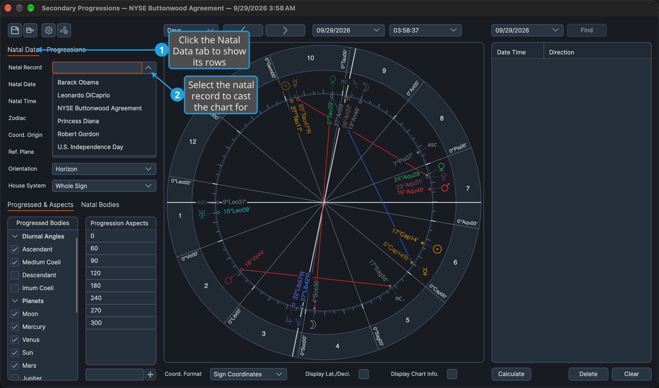 The Natal Data tab of a Secondary Progressions chart with the Natal Record drop-down open, listing the stored natal records.