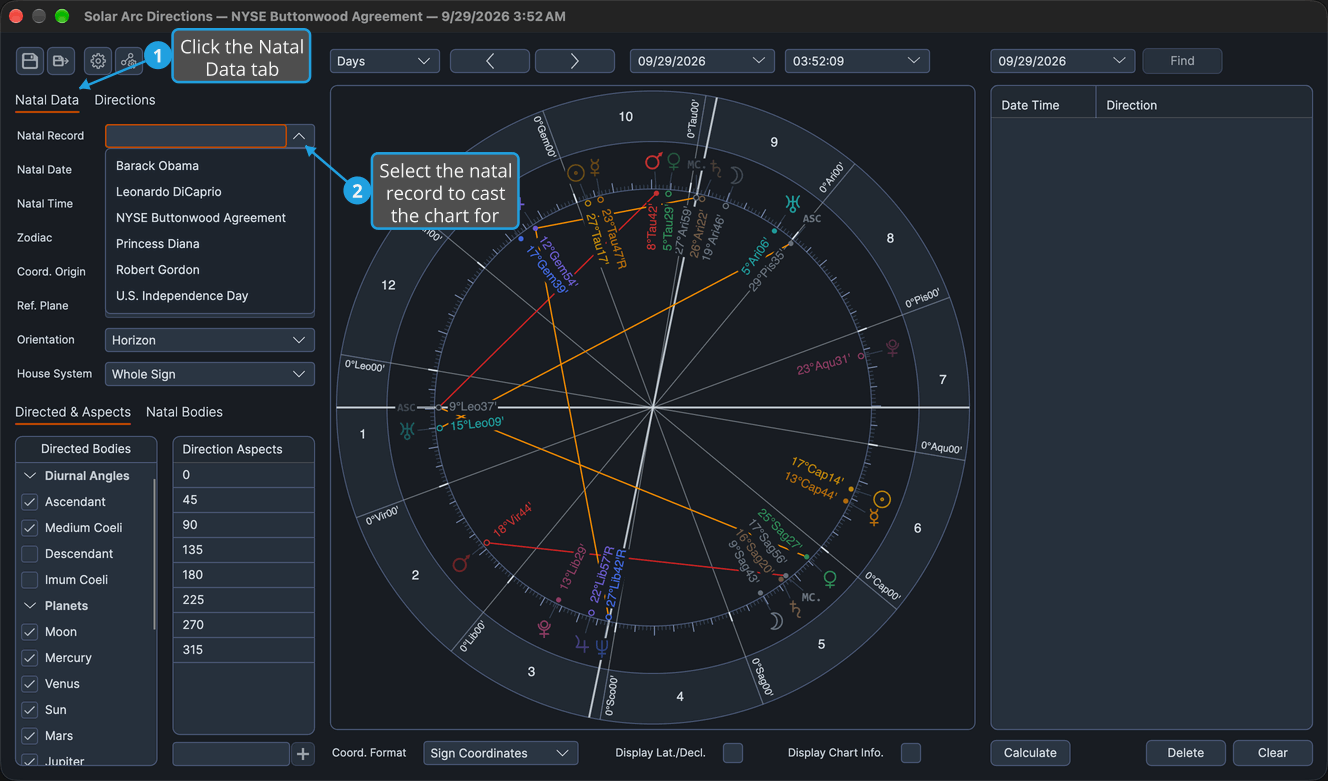 The Natal Data tab of a Solar Arc Directions chart with the Natal Record drop-down open, listing the stored natal records.