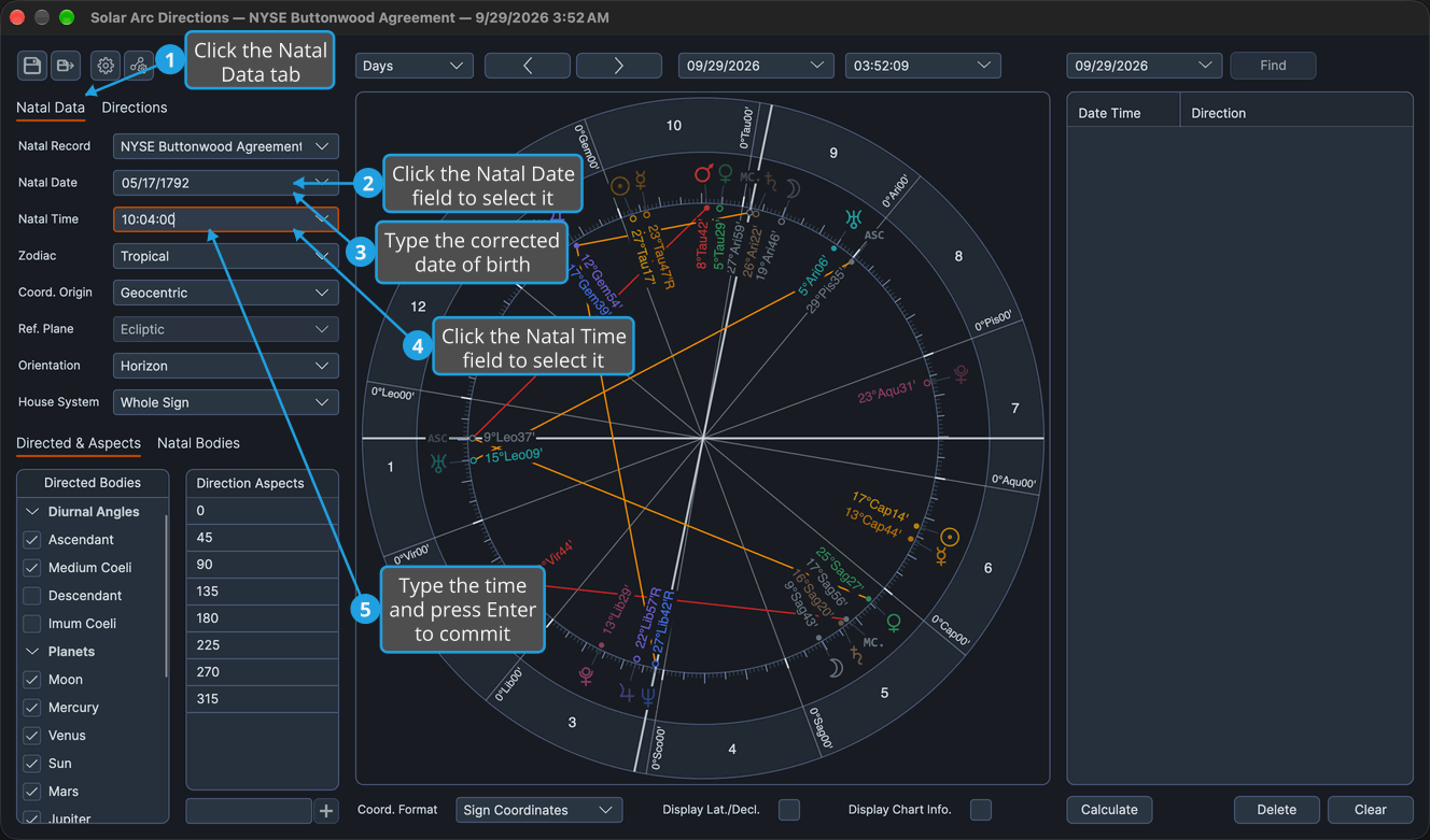The Natal Data tab of a Solar Arc Directions chart with a corrected birth time typed in the Natal Time field, ready to commit with Enter.