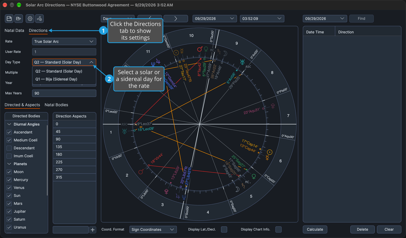 The Directions tab of a Solar Arc Directions chart under the True Solar Arc rate, with the Day Type drop-down open on its solar and sidereal day types.