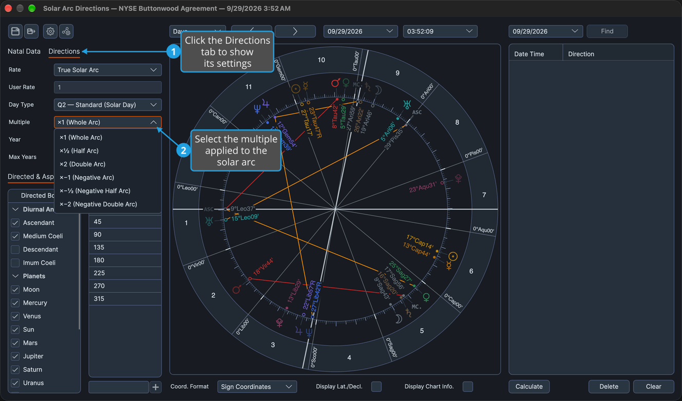The Directions tab of a Solar Arc Directions chart with the Multiple drop-down open, listing the whole, half, double and negative arc multiples.